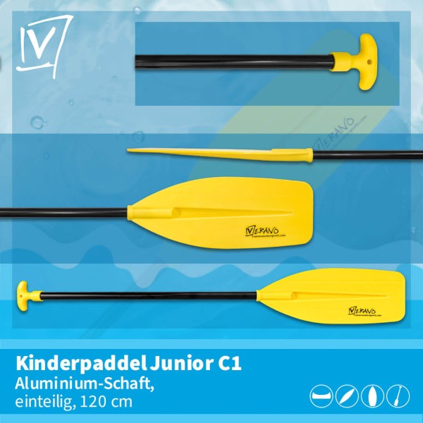 Verano Junior C1 Kinderpaddel, Aluminium-Schaft, einteilig, 120 cm, gelb