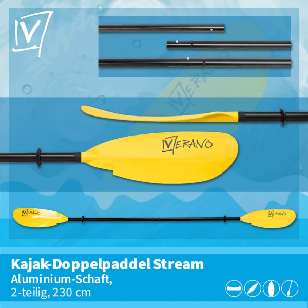 Verano Stream Kajak-Doppelpaddel, Aluminium-Schaft, 2-teilig, 230 cm, gelb