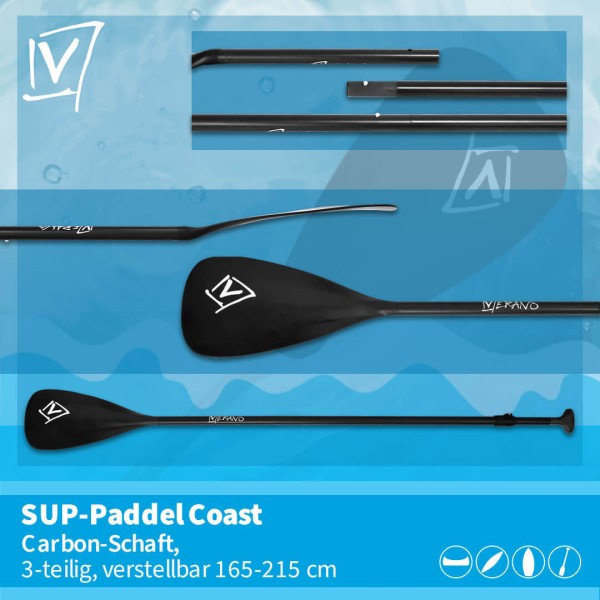 Verano Coast SUP-Paddel, Carbon-Schaft, 3-teilig, verstellbar 165-215 cm, schwarz