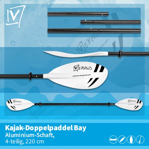Verano Bay Kajak-Doppelpaddel, Aluminium-Schaft, 4-teilig, 220 cm, weiß