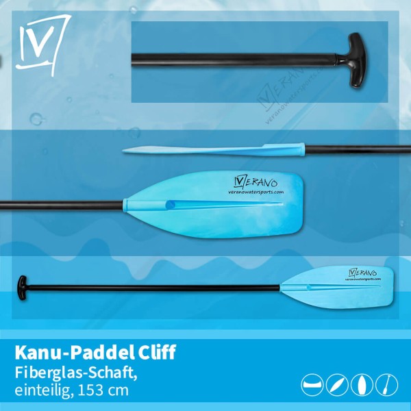 Verano Cliff Kanu-Paddel, Fiberglas-Schaft, einteilig, 153 cm, blau