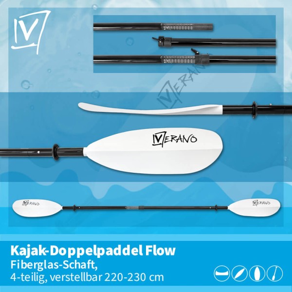 Verano Flow Kajak-Doppelpaddel, Fiberglas-Schaft, 4-teilig, verstellbar 220-230 cm, weiß