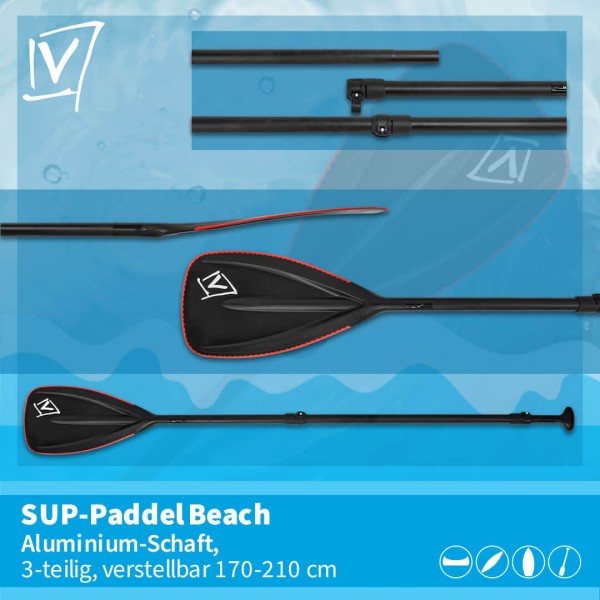 Verano Beach SUP-Paddel, Aluminium-Schaft, 3-teilig, verstellbar 170-210 cm, schwarz
